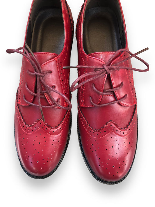 Women's Red Leather Lace up Brogue Wingtip Derby Shoes