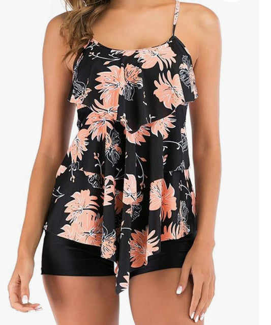 FLYILY Women 2 Piece Tankini Swimsuits Flounce Printed Top with Boyshorts