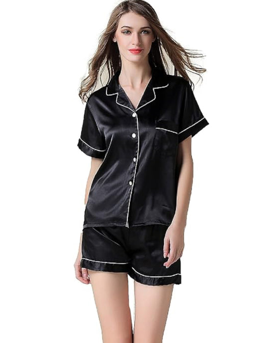 Women's Silky Satin Pajamas Sleepwear Shorts Button-Down Pj Set