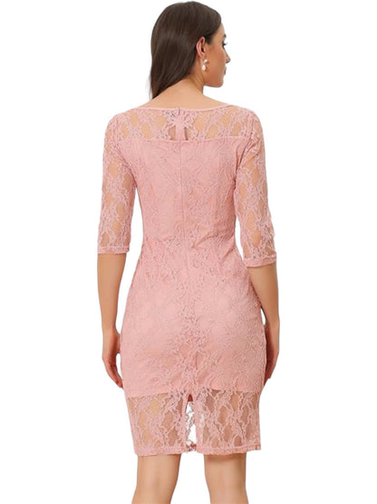 Allegra K Lace Dress for Women Elegant 3/4 Sleeve Square Neck Bodycon Cocktail Dress