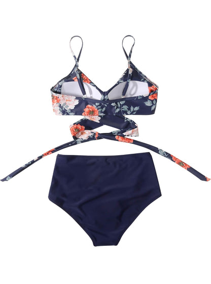 Mengsiy Sexy High Waist Bikini Swimwear Women Swimsuit Bandage Floral Bikini