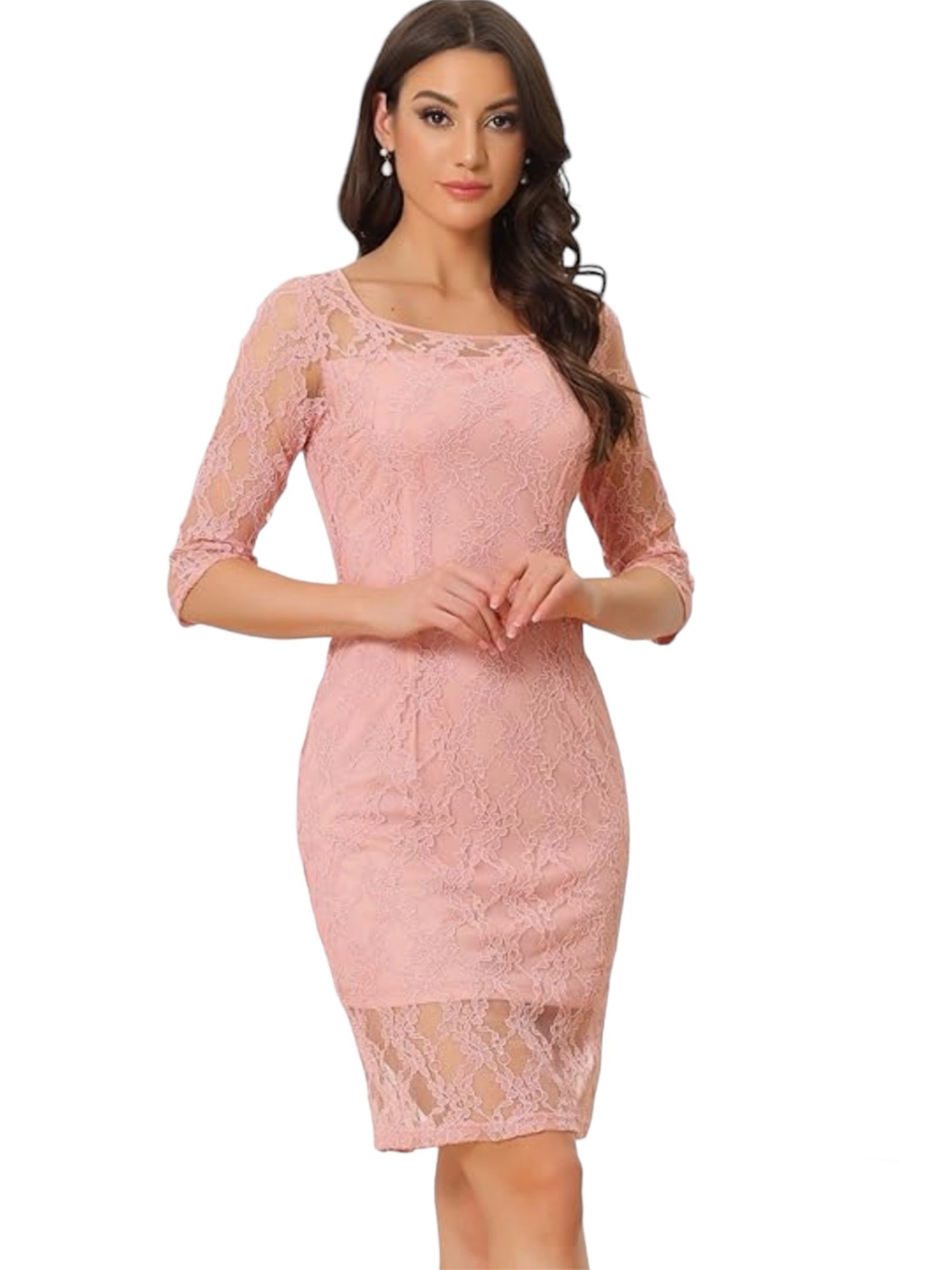 Allegra K Lace Dress for Women Elegant 3/4 Sleeve Square Neck Bodycon Cocktail Dress