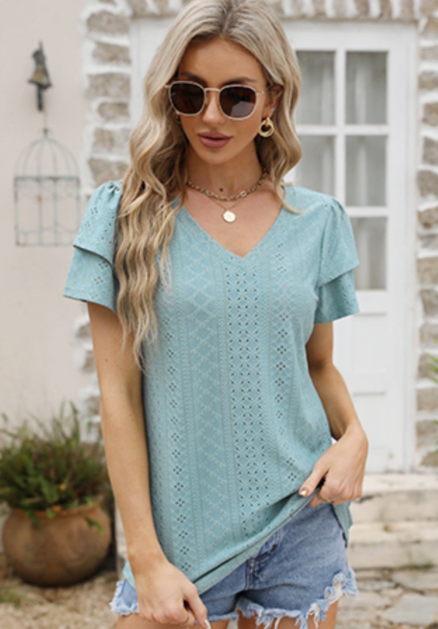 V Neck Ladies Tops Summer Layered Sleeve Loose Tee