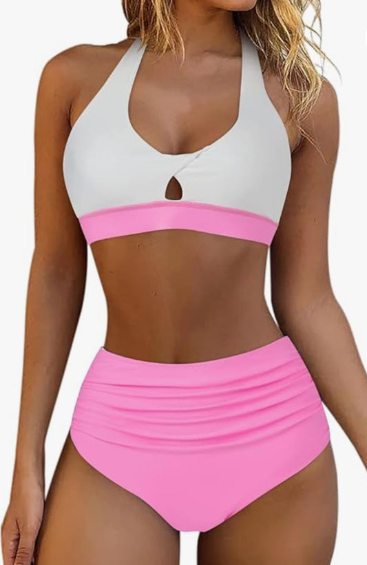 Women Twist Halter Neck Bikini Top with High Waisted Tummy Control Bikini Bottoms