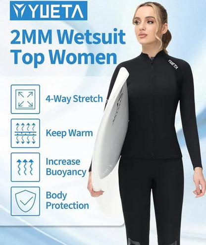 YUETA WOMENS WETSUIT JACKET .BLACK RASH TOP LONG SLEEVED ZIP UP WARM SURF