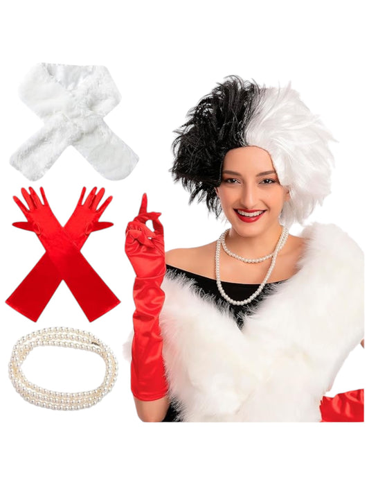 Spooktacular Creations Women Black and White Wig Set with Shawl, Gloves, Necklace and Cigarette Holder