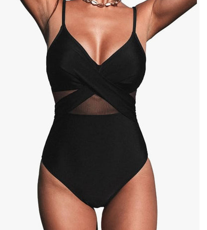 One Piece V Neck Wrapped Mesh Tummy Control Bathing Suit