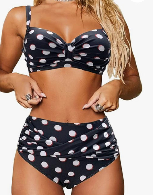 High Waist Bikini Set. Push Up Halter Top with Twisted Ruched Polka dot Printed Bottoms