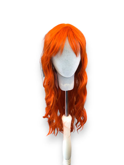 Women's Long Wavy Wig with Fringe - Orange