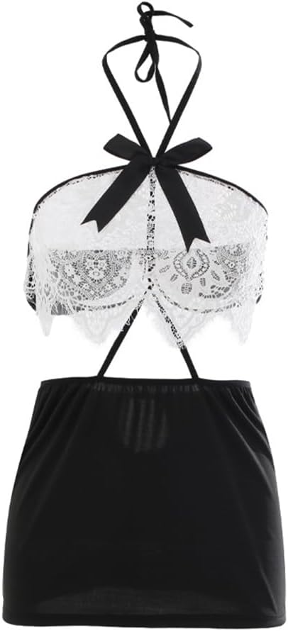 Sexy Halter Low Cut Perspective Backless White Lace and Black Skirt Lingerie set