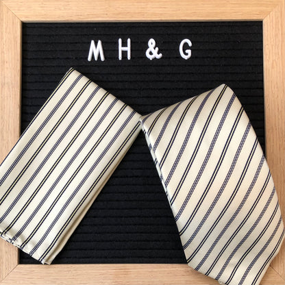 Briyard Men's Tie and Pocket Square - Cream and Blue Stripe