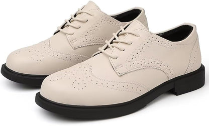 Women's Cream Leather Lace up Brogue Wingtip Derby Shoes