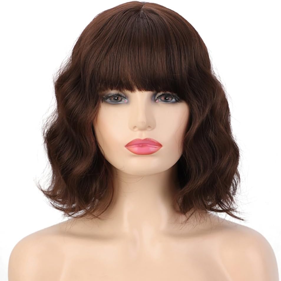 PORSMEER Short Wavy Bob Dark Brown Wig with Fringe Synthetic