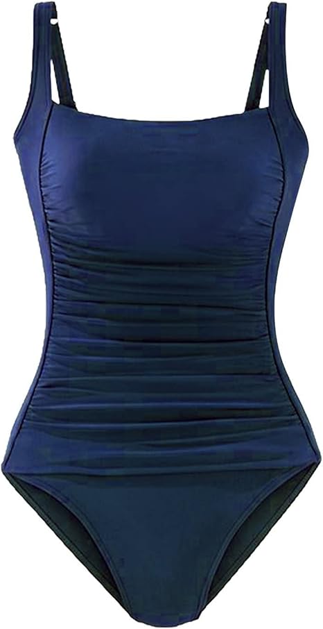 Husmeu Women Tummy Control Ruched Vintage Navy Bathing Suit