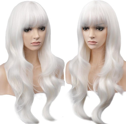 Yeeshedo 28" 70 cm Long Wavy Curly Hair Cosplay White Wigs with Fringe, Heat Resistant Synthetic Wig
