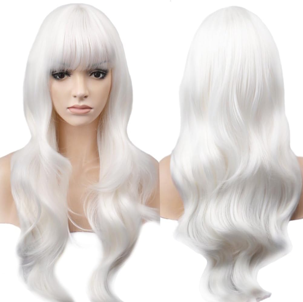 Yeeshedo 28" 70 cm Long Wavy Curly Hair Cosplay White Wigs with Fringe, Heat Resistant Synthetic Wig