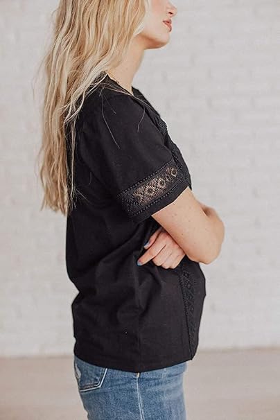 Ladies Black Loose fit T-shirt with embroidery detail