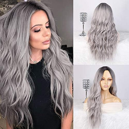 Ladies Grey Ombre Wavy Wig with Dark Root