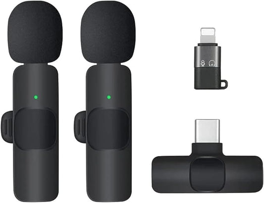 Wireless Lavaller Microphone 2 in 1 Portable Mini Clip-On Microphone Wireless Compatible with Android Samsung type- C Dual and Apple Lightning 8 Pin