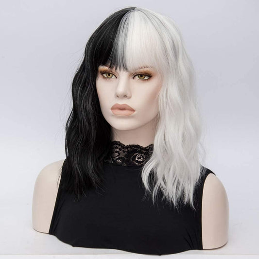 Short Black and White Wig Wavy Half Black and Half White wig