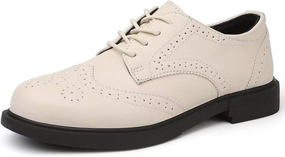 Women's Cream Leather Lace up Brogue Wingtip Derby Shoes