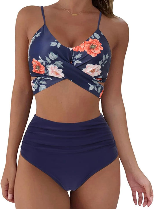 Mengsiy Sexy High Waist Bikini Swimwear Women Swimsuit Bandage Floral Bikini