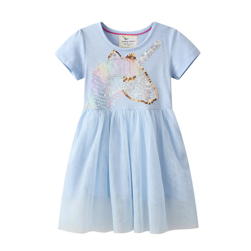 Girls Blue Sequin Unicorn dress with toile over skirt