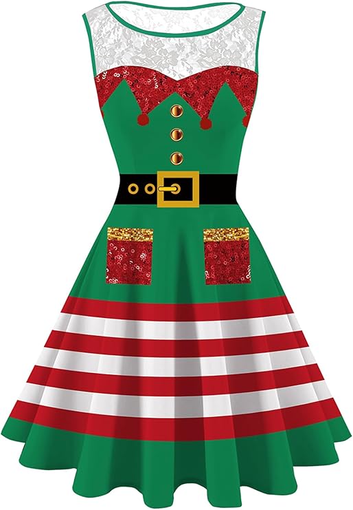 Women's A Line Christmas Printed Sleeveless Dress