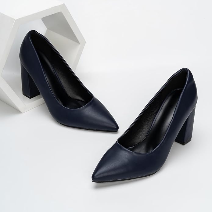 Womens Court Pointed Toe Block High Heels Chunky Pumps Dress Shoes - Navy