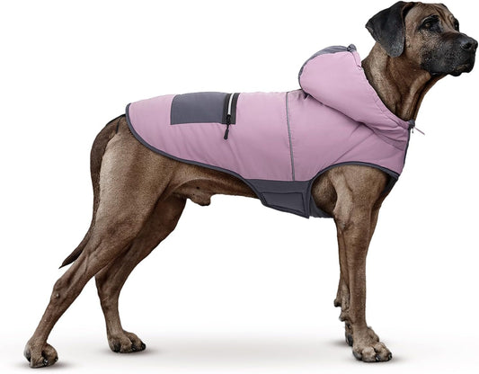 Warm Winter Dog Coat with Hood with Harness Hole & Fleece Lining - XL