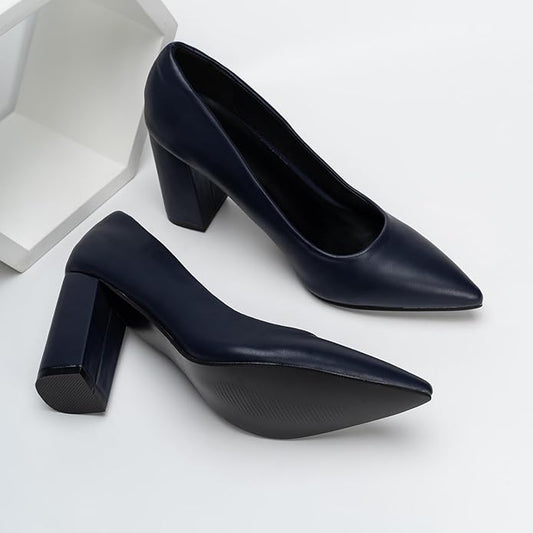 Womens Court Pointed Toe Block High Heels Chunky Pumps Dress Shoes - Navy