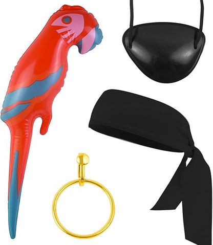 Pirate Costume Set with Inflatable Parrot, Black Bandana Head Scarf, Eye Patch & Plastic Hoop Earring for Halloween