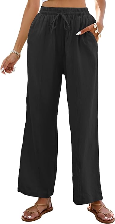 Ladies Wide Leg Cotton Summer Trousers with Elasticated Waist