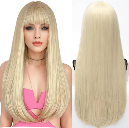 Porsmeer Long Blonde Layered Straight Synthetic Heat Resistant Wig with Fringe