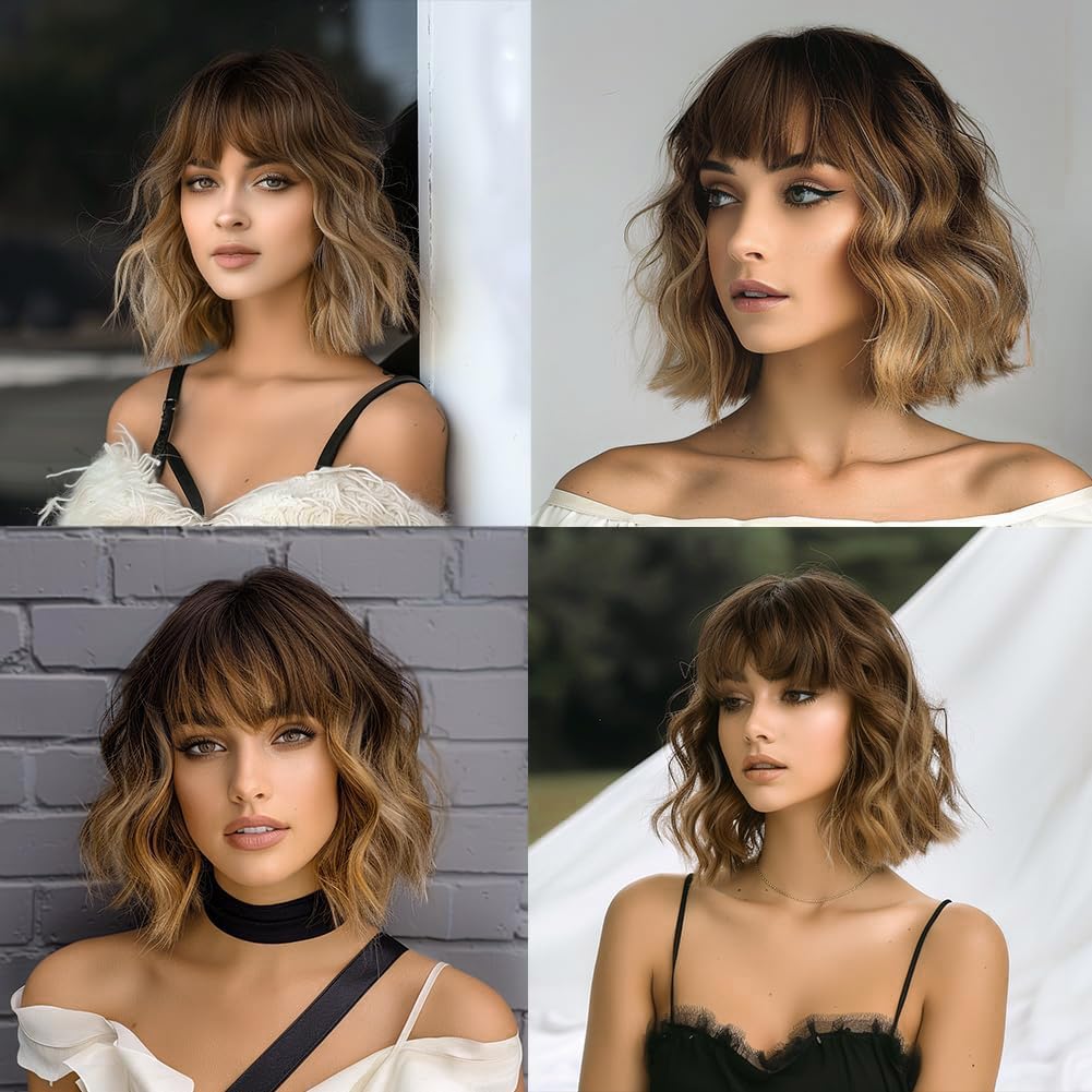 Shoulder Length Wavy Bob Wig with Fringe Bangs Ombre dark Brown Root , 14 Inch