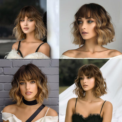 Shoulder Length Wavy Bob Wig with Fringe Bangs Ombre dark Brown Root , 14 Inch