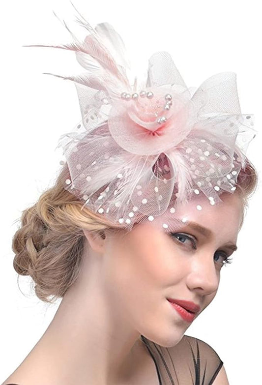 Ladies Fascinator Hat with Flower, Mesh and Feathers on a Headband and a Forked Clip