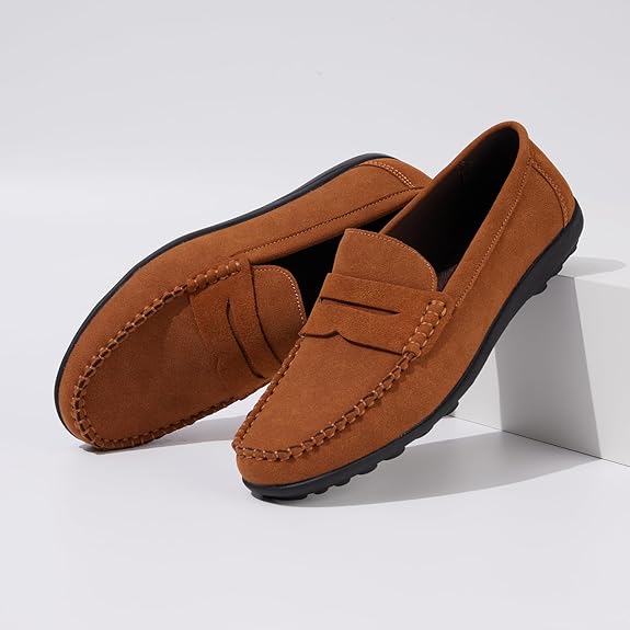 Men's Loafers Flat Breathable Casual Leather Moccasins Handmade Slip On Driving Business Shoes - Tan Suede