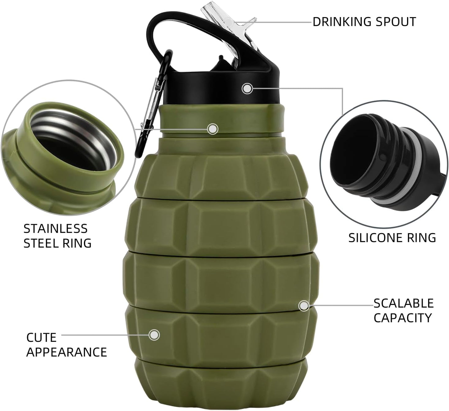 Collapsible Travel Water Bottle 18oz, Reuseable BPA Free Silicone Foldable Water Bottles with Carabiner