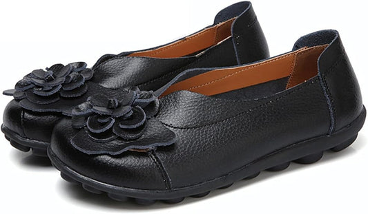 Women's Flat Slip on Leather Shoes with Round Toe and Flower detail