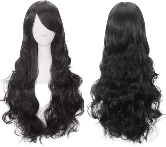 ColorfulPanda Long Black Wavy Full Hair Wig with side fringe
