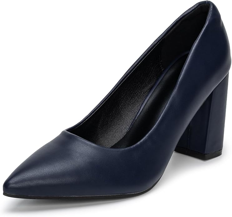 Womens Court Pointed Toe Block High Heels Chunky Pumps Dress Shoes - Navy