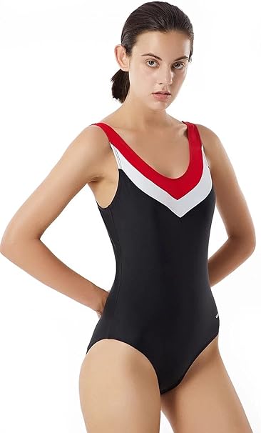 Luluwingx Womens One Piece Contrast Front V Neck Bathing Suit Low Swimsuit