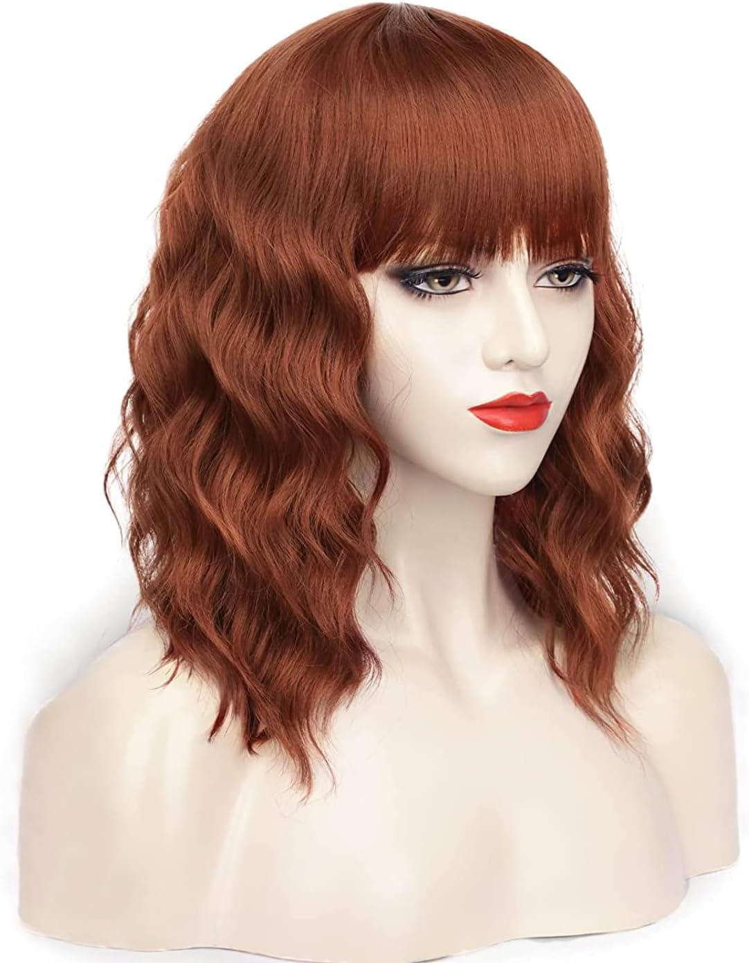 Copper Red Short Auburn Bob Wigs with fringe for Women Natural Wavy Curly Hair Wig 14 inch