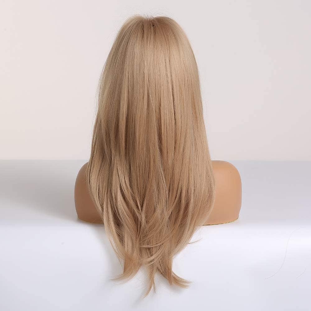 Long Blonde Wig with Bangs, Layered Shoulder Length Synthetic Hair Wig 24 Inch