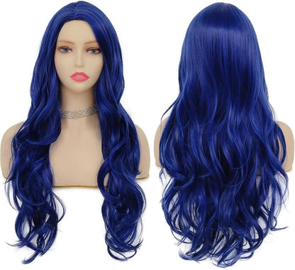 PORSMEER Long Blue Wavy Synthetic Hair 27 inch Long wig with Middle Part