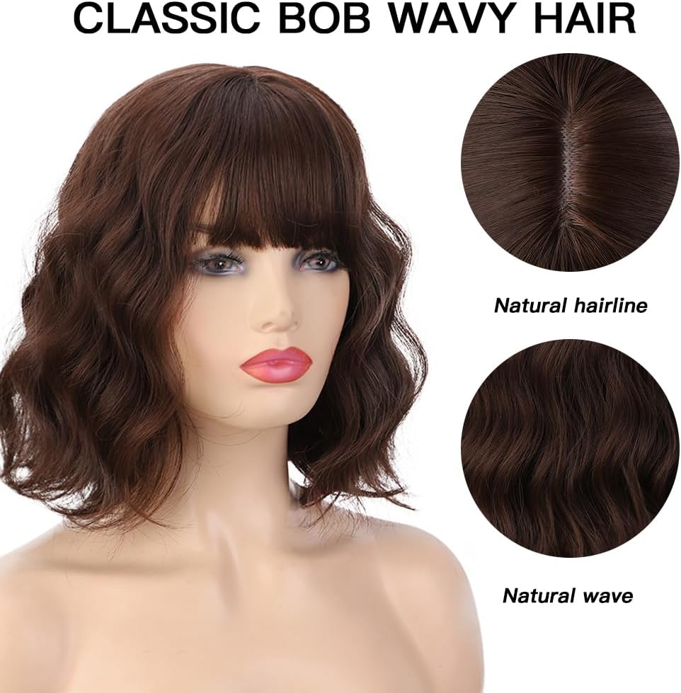 PORSMEER Short Wavy Bob Dark Brown Wig with Fringe Synthetic