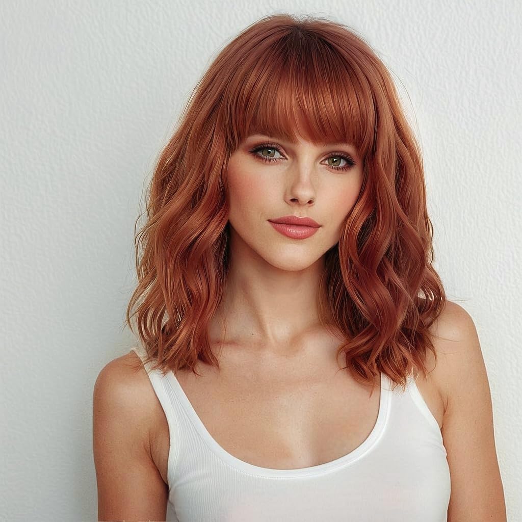 Copper Red Short Auburn Bob Wigs with fringe for Women Natural Wavy Curly Hair Wig 14 inch