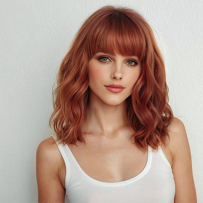 Copper Red Short Auburn Bob Wigs with fringe for Women Natural Wavy Curly Hair Wig 14 inch