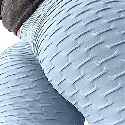 Ladies High Waisted Light Blue Honeycomb Workout Leggings with Butt Lift